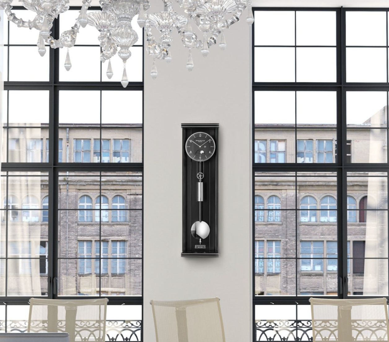 ERWIN SATTLER OPUS PM 70 II.
Productie in een gelimiteerde productie oplage van 99 stuks. Zwart gelakte kast met metal inleg. 70 cm hoog, 20 cm breed en 10 cm diep.
U-Vormig ontspiegeld mineraal glas. Uurwerk Sattler Kaliber 1410. Loopduur 8 dagen. 2 precisie kogellagers en 7 Robijn lagers. Tweedelige zwarte wijzerplaat gelimiteerd genummerd met gepolijste indexen en handbeschilderde maan schijf. Met dehand gepolijste stalen wijzers. Passage slagwerk op rondgong.